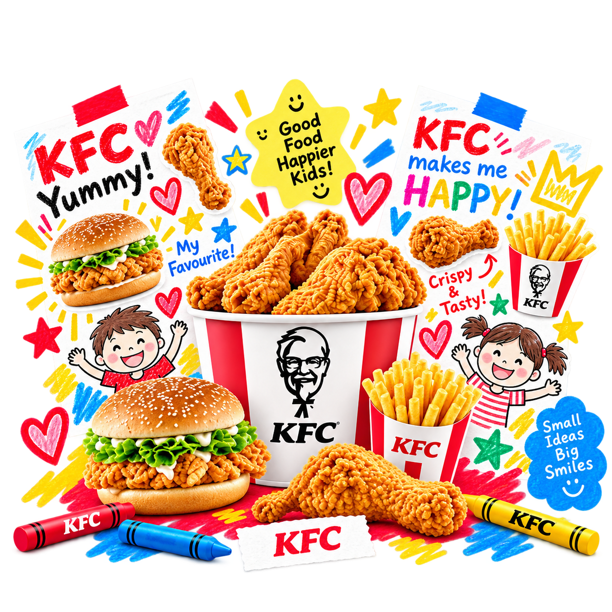 KFC chicken, burgers and fries with colourful kids' drawings